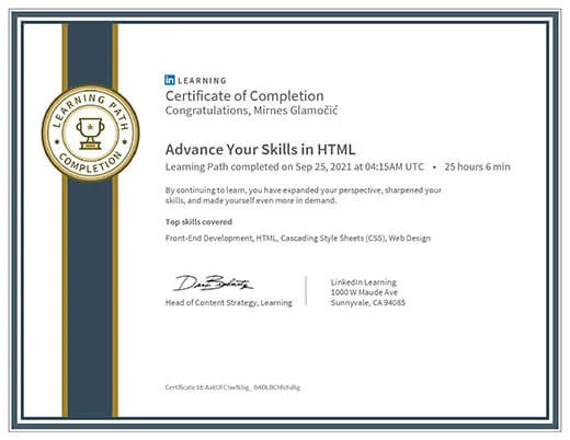 Certificate Advance Your Skills in HTML