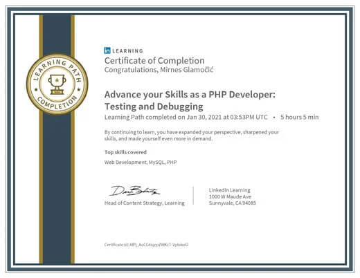 Certificate Advance your Skills as a PHP Developer Testing and Debugging