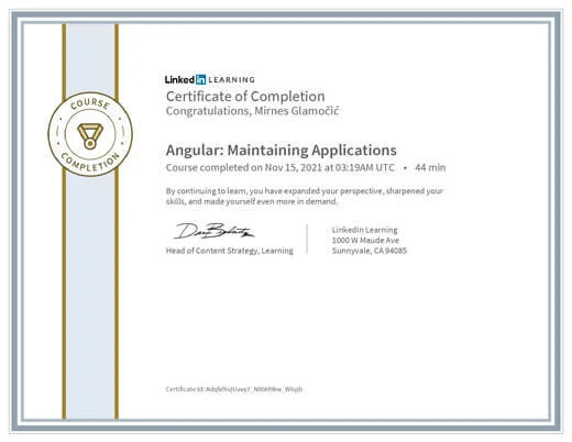 Certificate Angular Maintaining Applications