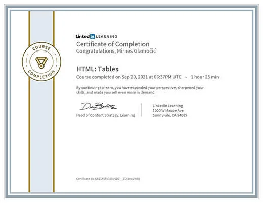 Certificate HTML Tables