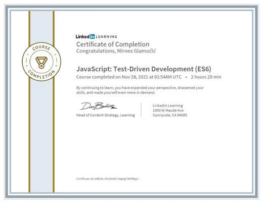 Certificate JavaScript TestDriven Development ES6