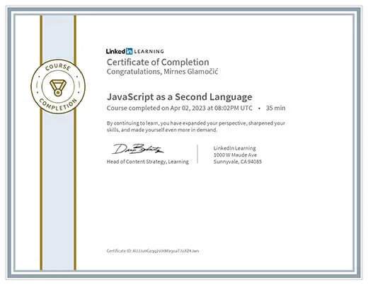 Certificate JavaScript as a Second Language