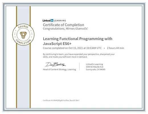 Certificate Learning Functional Programming with JavaScript ES6