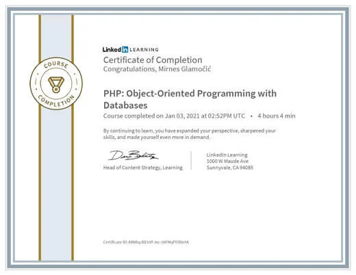 Certificate PHP ObjectOriented Programming with Databases