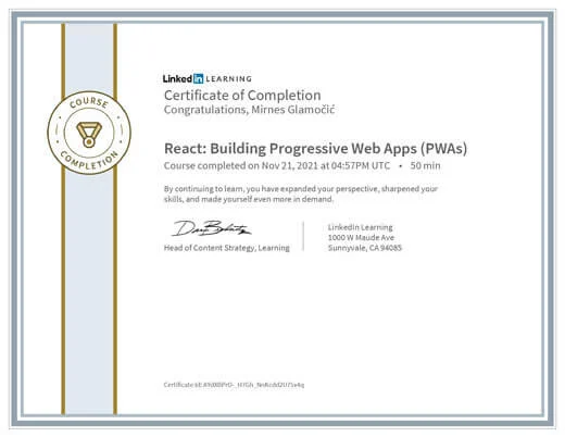 Certificate React Building Progressive Web Apps PWAs