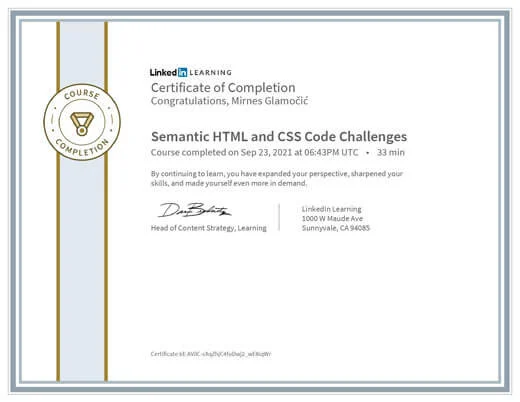 Certificate Semantic HTML and CSS Code Challenges