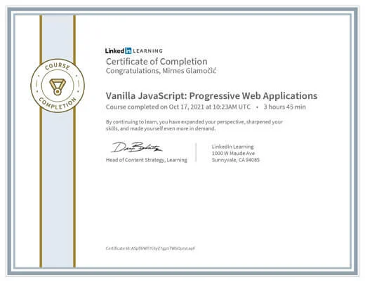 Certificate Vanilla JavaScript Progressive Web Applications